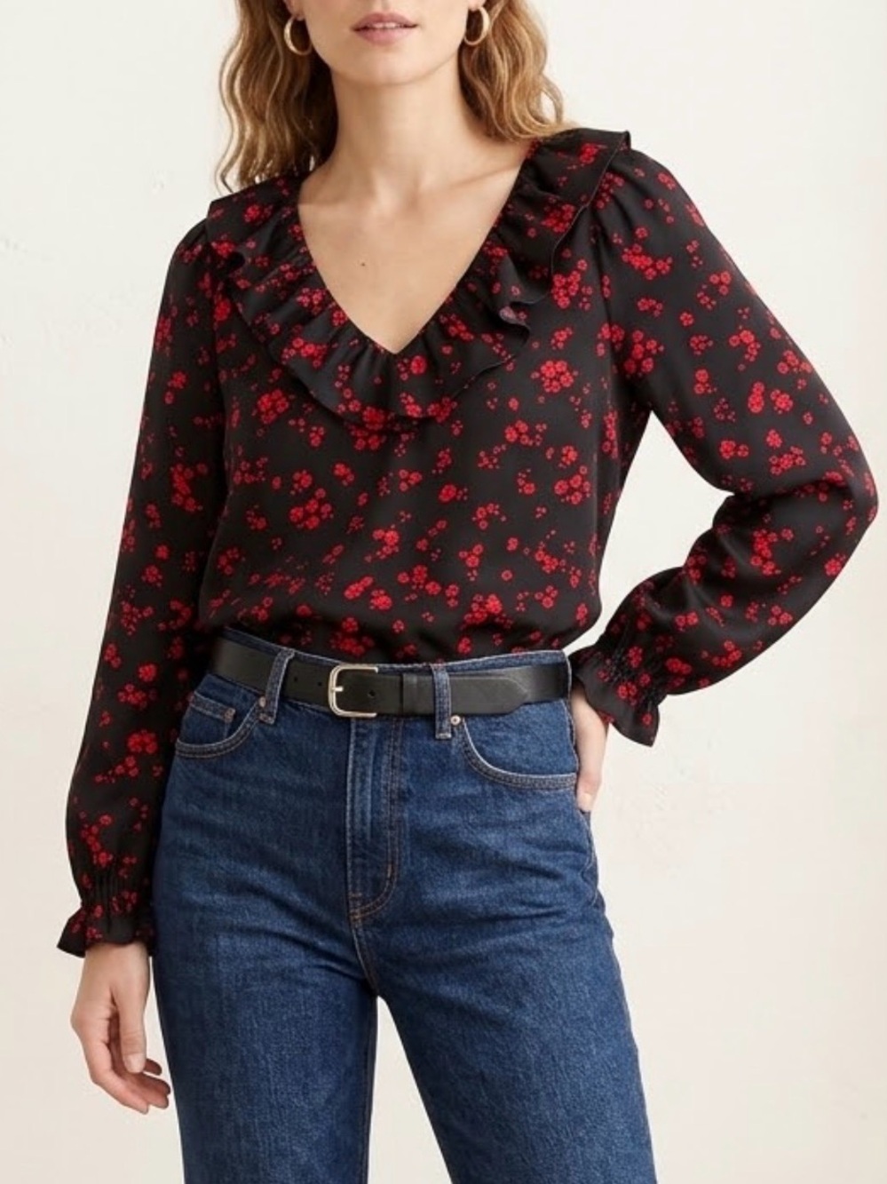 J.Crew Ruffle V-Neck Long Sleeve Blouse - Black & Red Floral